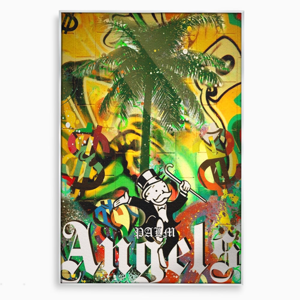 Tablou canvas cu tablou canvas cu graffiti monopoly si palmier, in rama de aluminiu argintiu