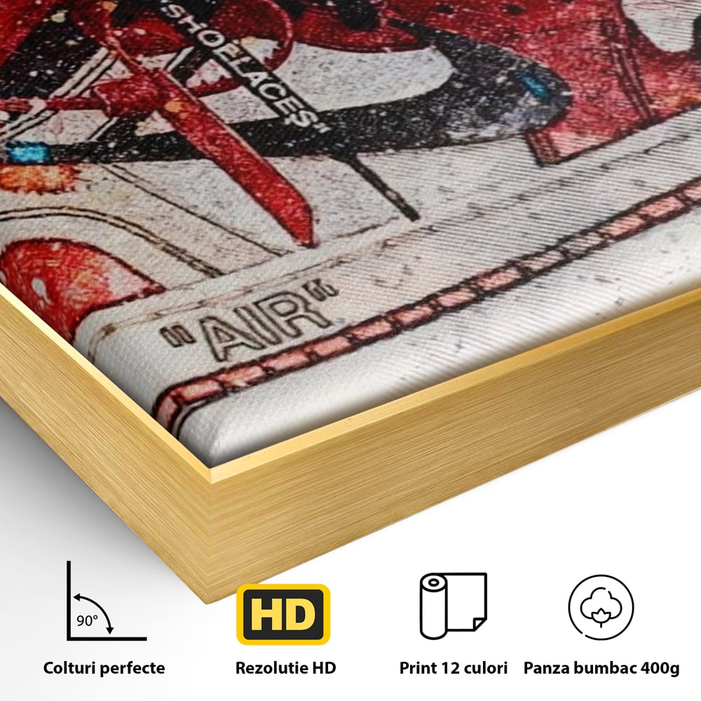 Detaliu al suprafetei: tablou canvas cu pantof sport rosu, in rama de aluminiu auriu