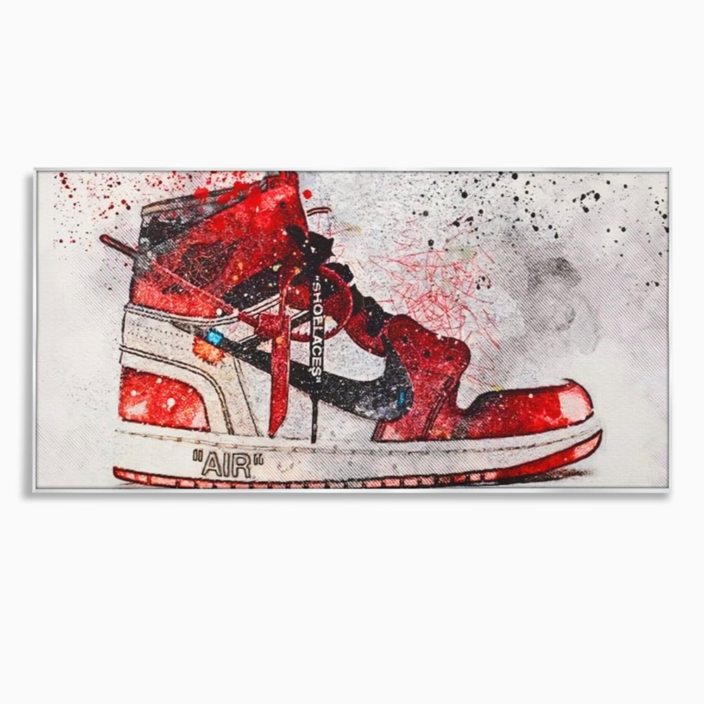 Tablou canvas cu tablou canvas cu pantof sport rosu, in rama de aluminiu argintiu