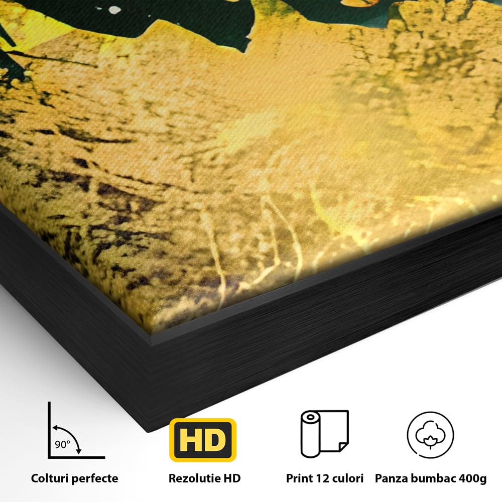 Detaliu al suprafetei: tablou canvas abstract verde si auriu, in rama de aluminiu negru