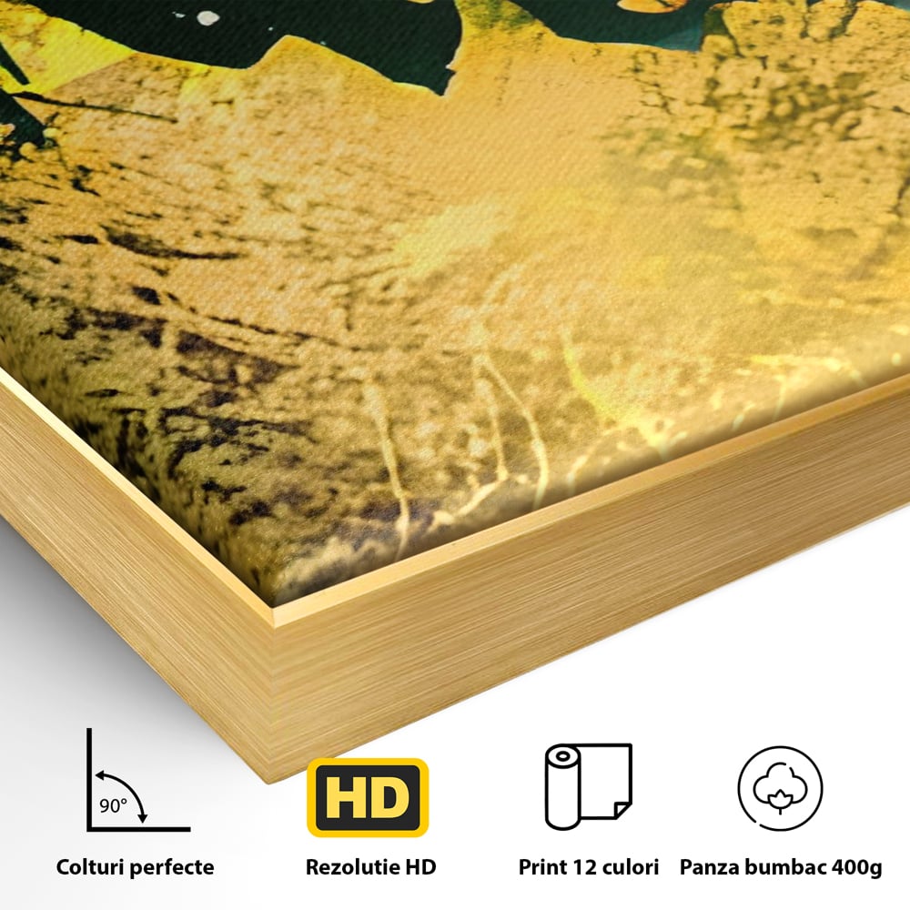 Detaliu al suprafetei: tablou canvas abstract verde si auriu, in rama de aluminiu auriu