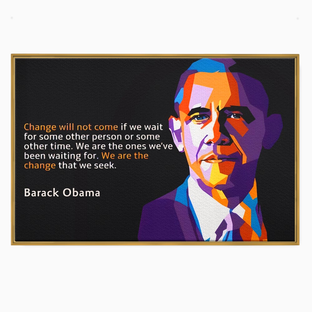 Tablou canvas cu tablou canvas cu portretul stilizat al lui barack obama, in rama de aluminiu auriu