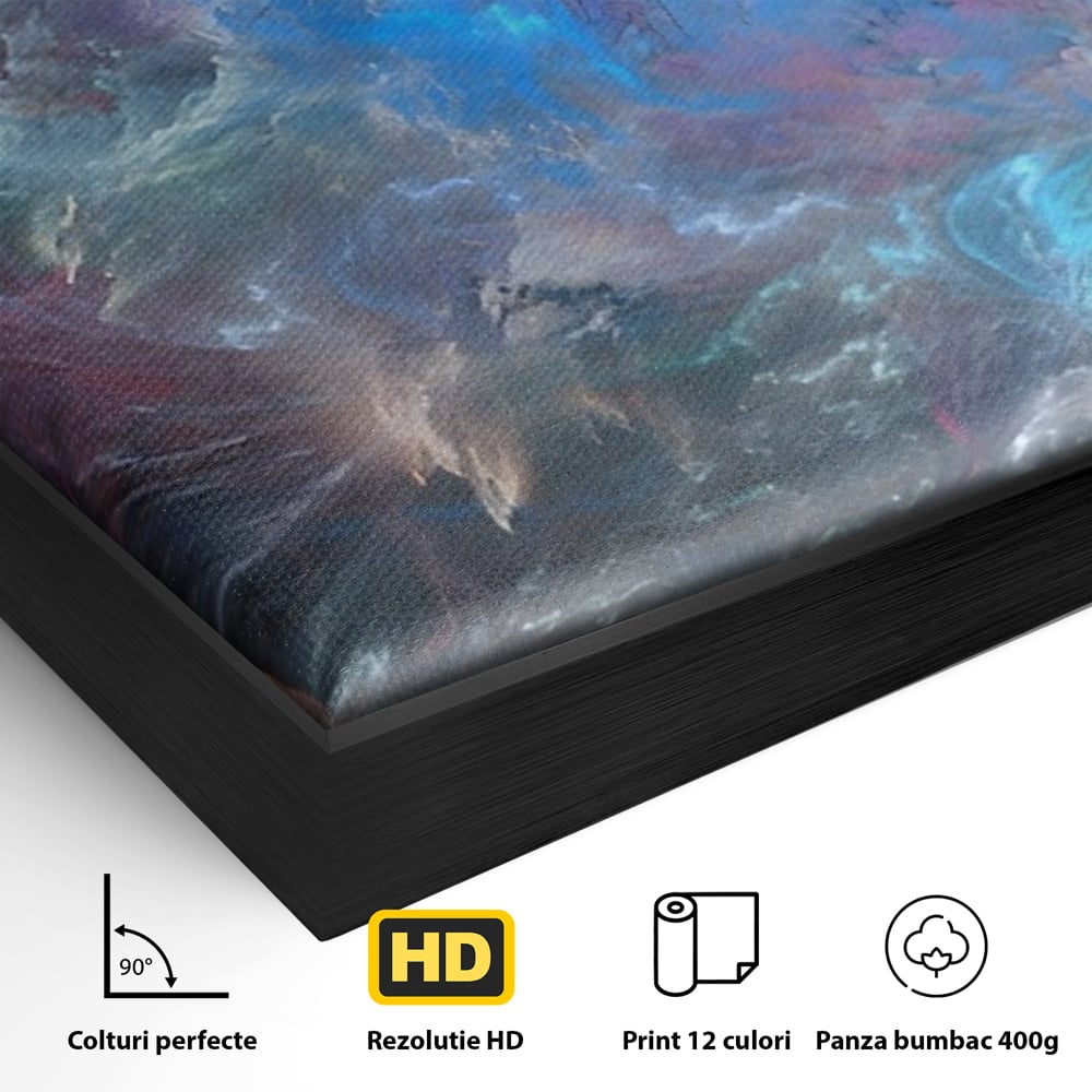 Detaliu al suprafetei: tablou canvas cu explozie cosmica, in rama de aluminiu negru