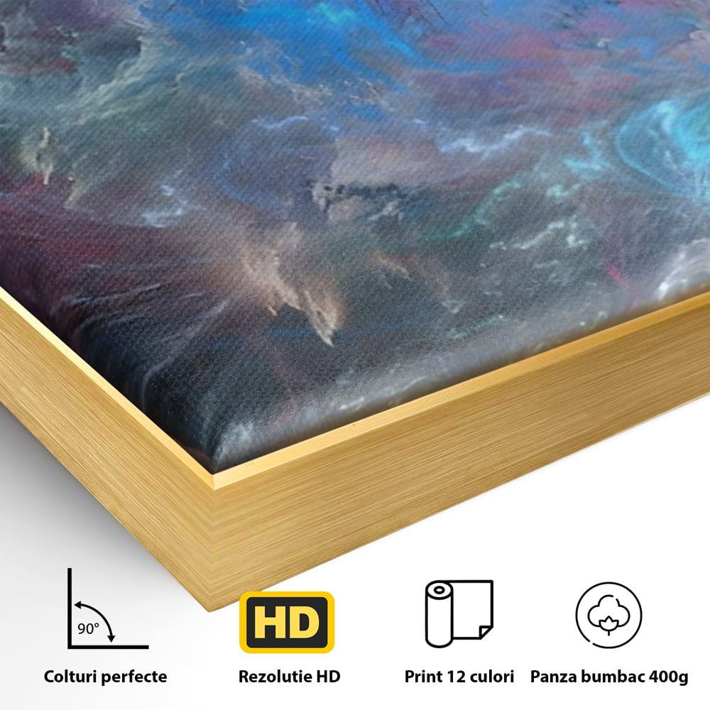 Detaliu al suprafetei: tablou canvas cu explozie cosmica, in rama de aluminiu auriu