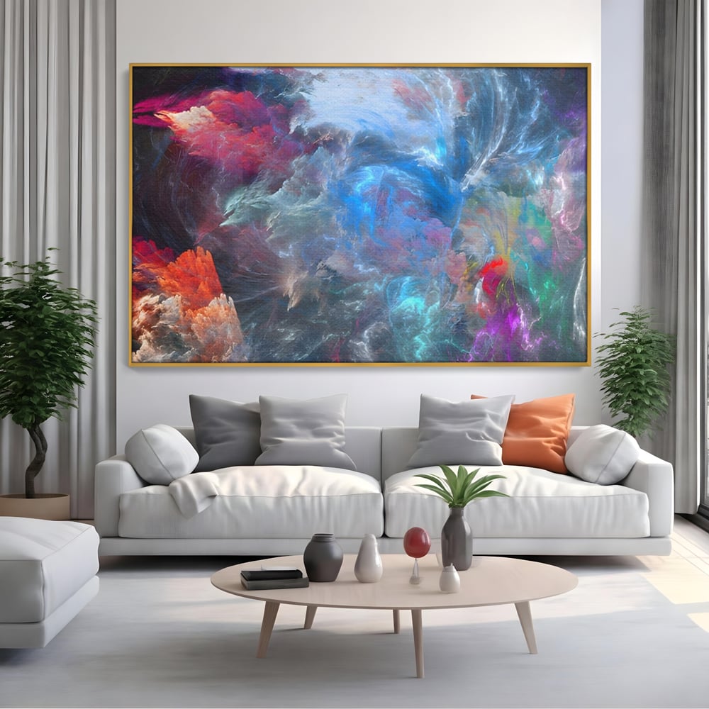 Tablou canvas cu tablou canvas cu explozie cosmica, in rama de aluminiu auriu, pe perete intr-un living