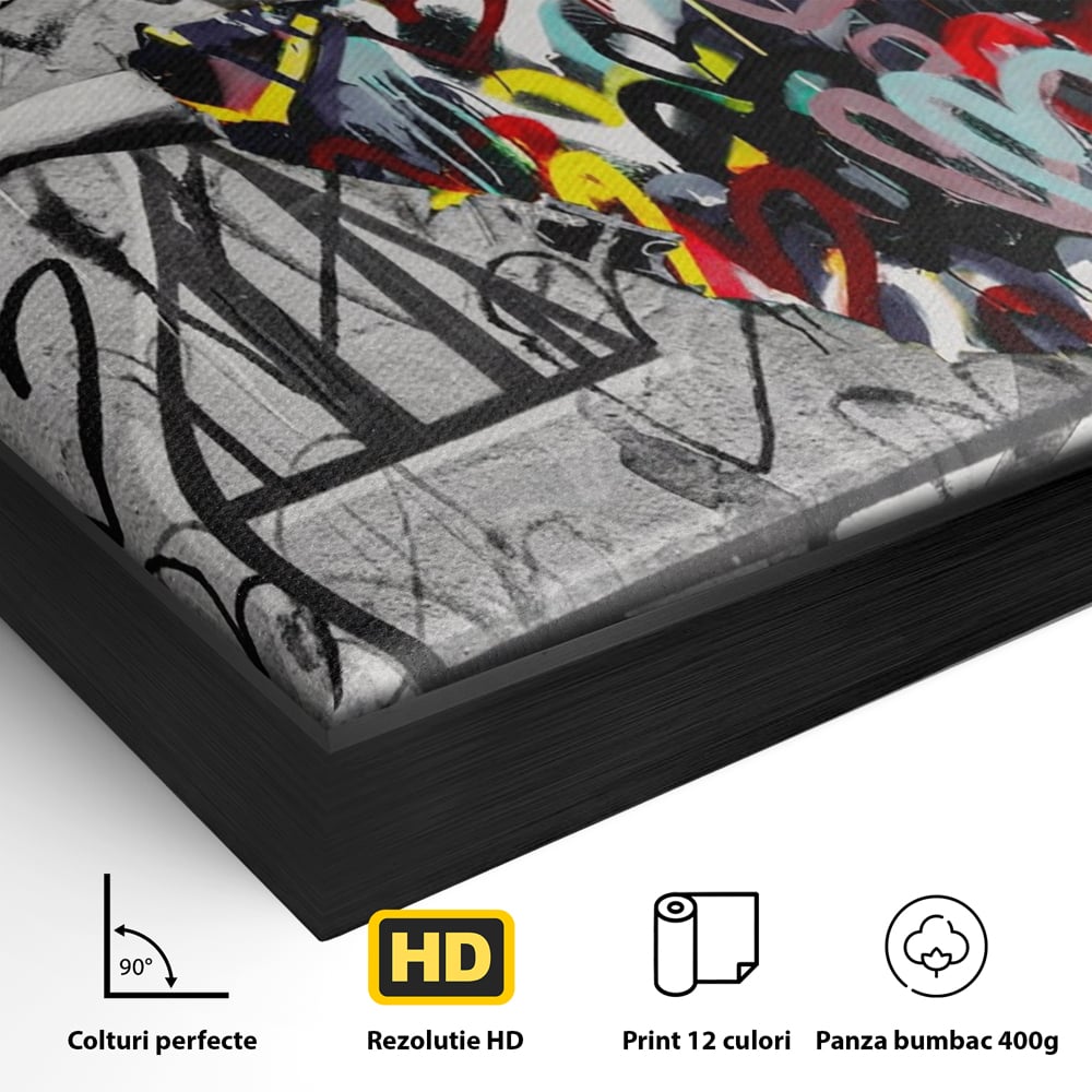 Detaliu al suprafetei: tablou canvas cu dansatoare si graffiti, in rama de aluminiu negru