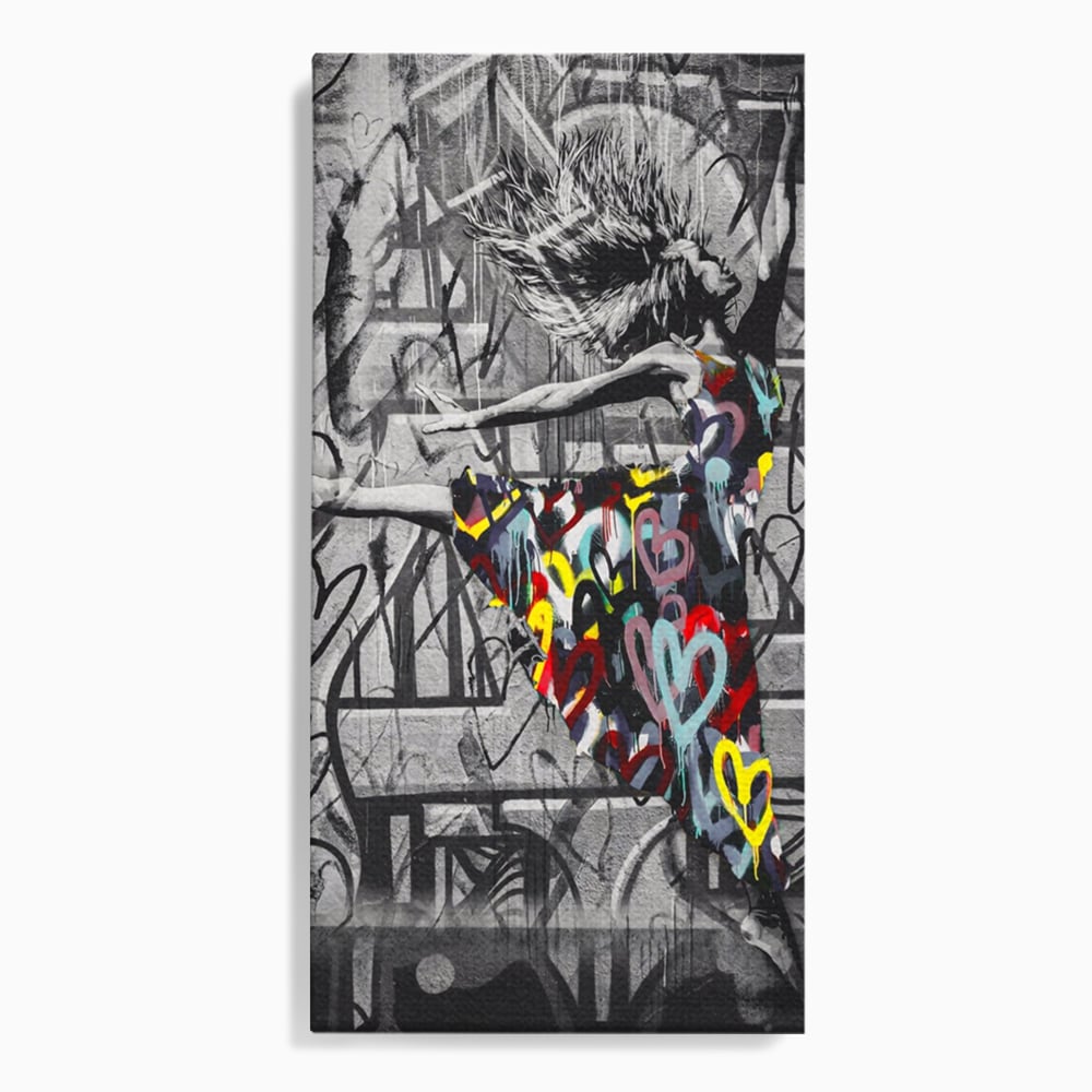 Tablou canvas cu tablou canvas cu dansatoare si graffiti, fara rama, pe sasiu de lemn