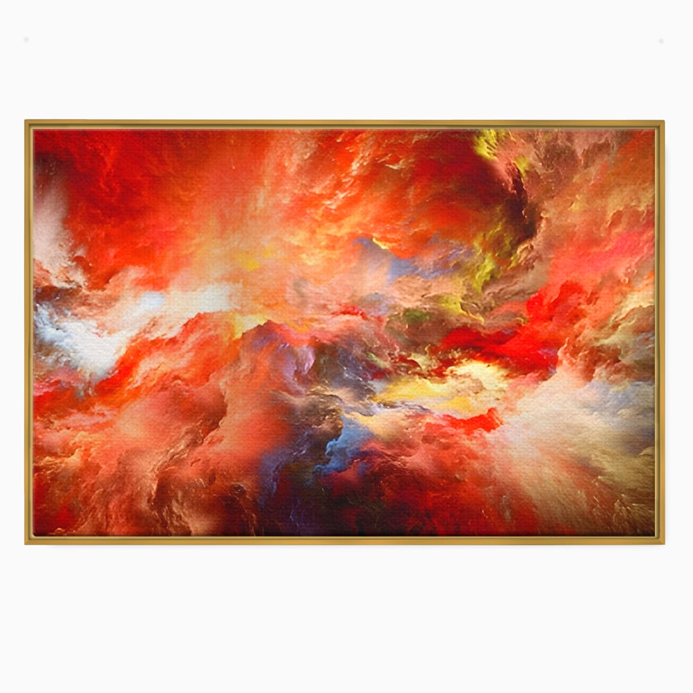 Tablou canvas cu pictura abstracta cu nori rosii, in rama de aluminiu auriu