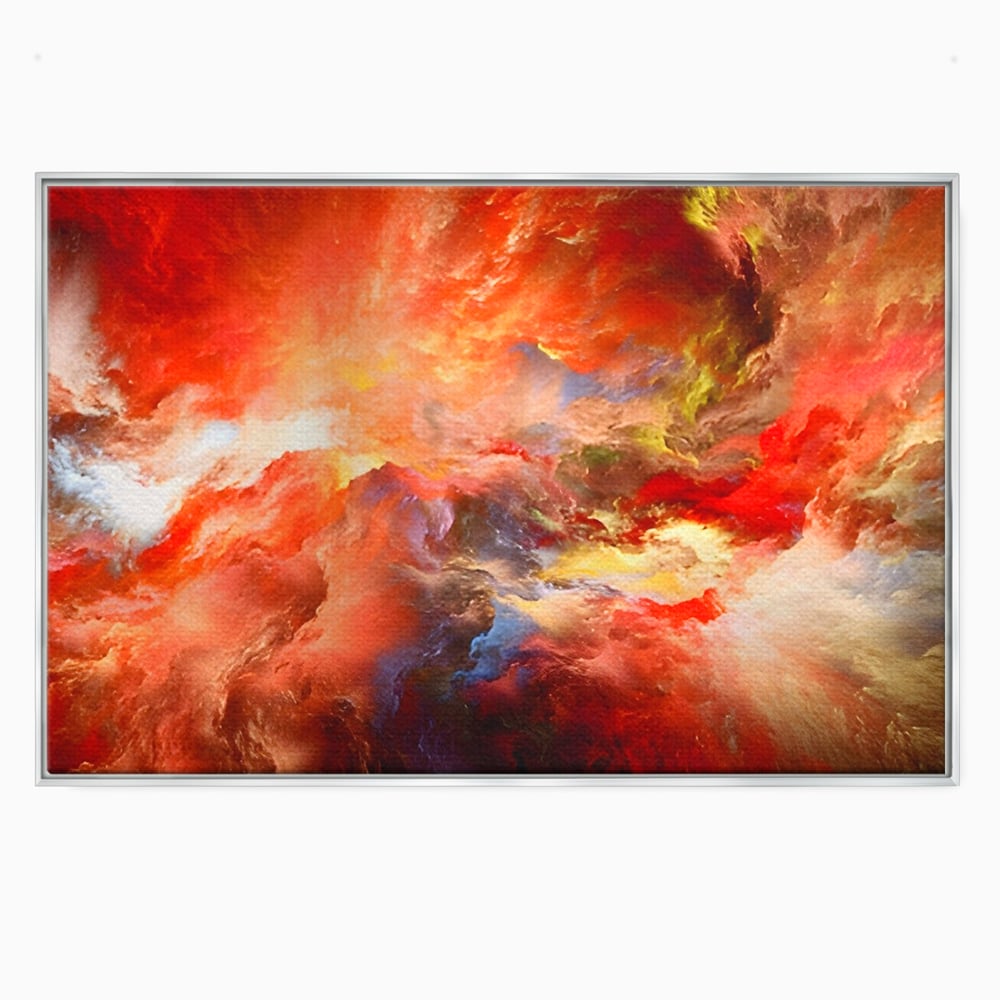 Tablou canvas cu pictura abstracta cu nori rosii, in rama de aluminiu argintiu