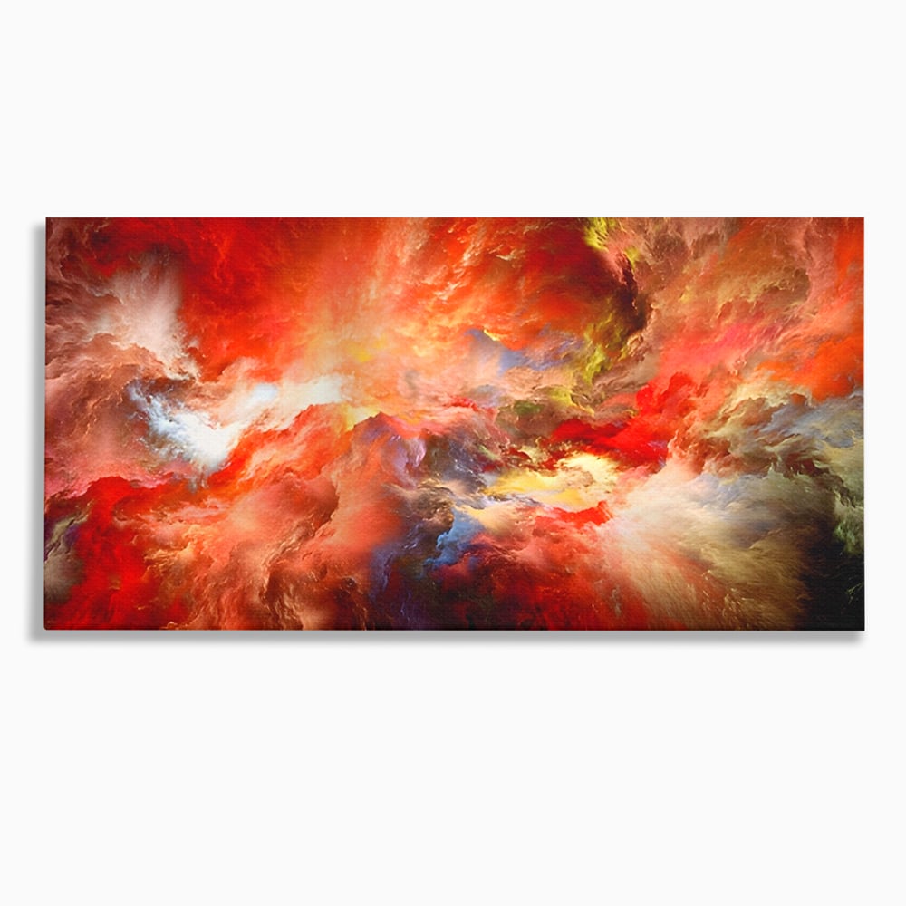Tablou canvas cu pictura abstracta cu nori rosii, fara rama, pe sasiu de lemn