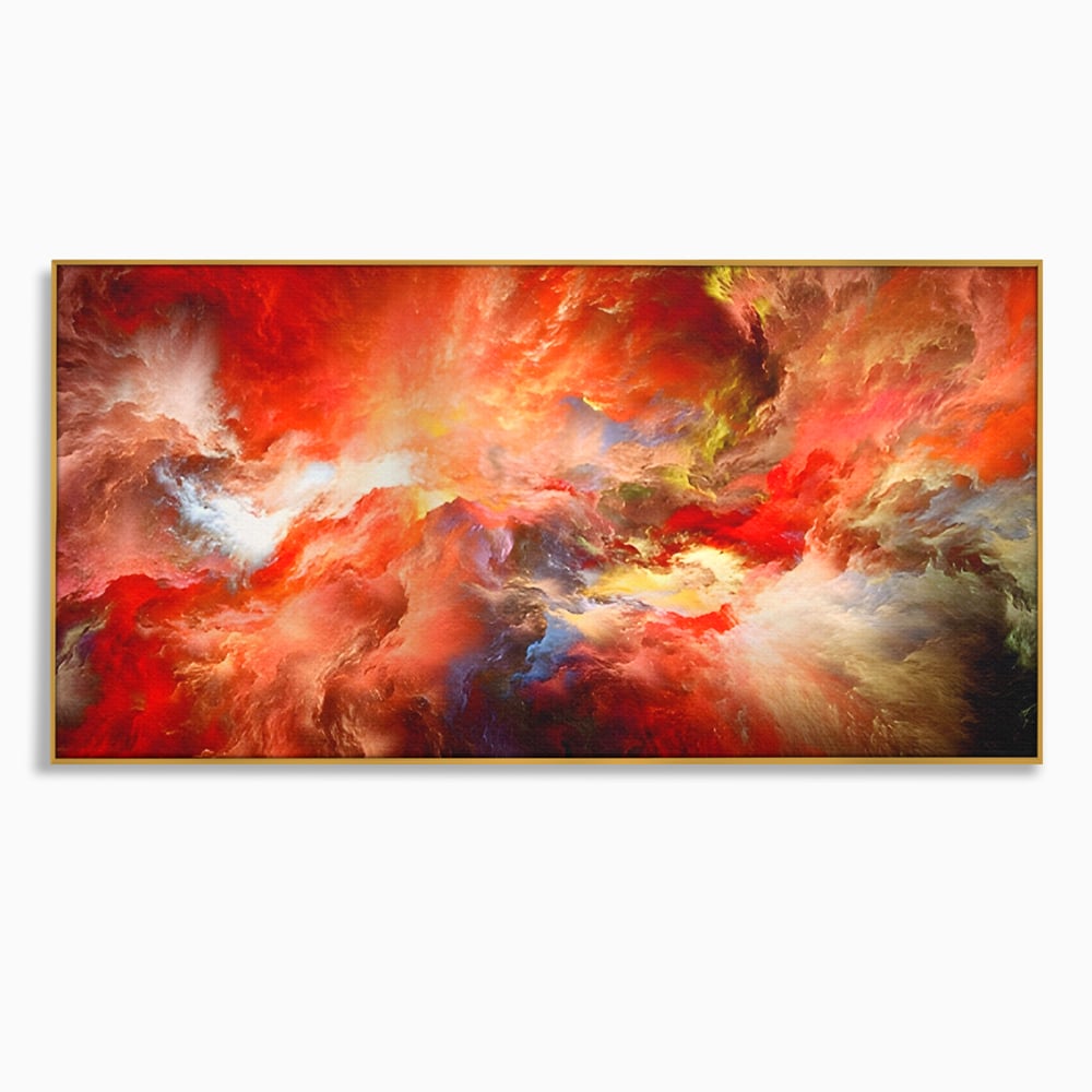 Tablou canvas cu pictura abstracta cu nori rosii, in rama de aluminiu auriu