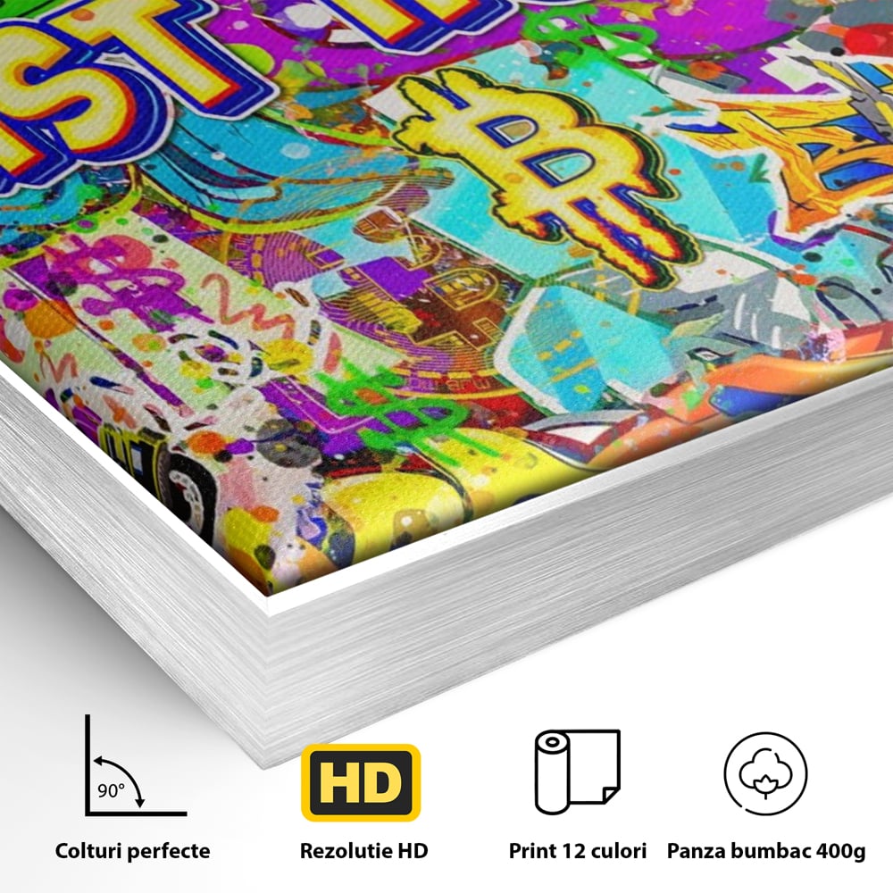 Detaliu al suprafetei: tablou canvas cu graffiti si bitcoin, in rama de aluminiu argintiu