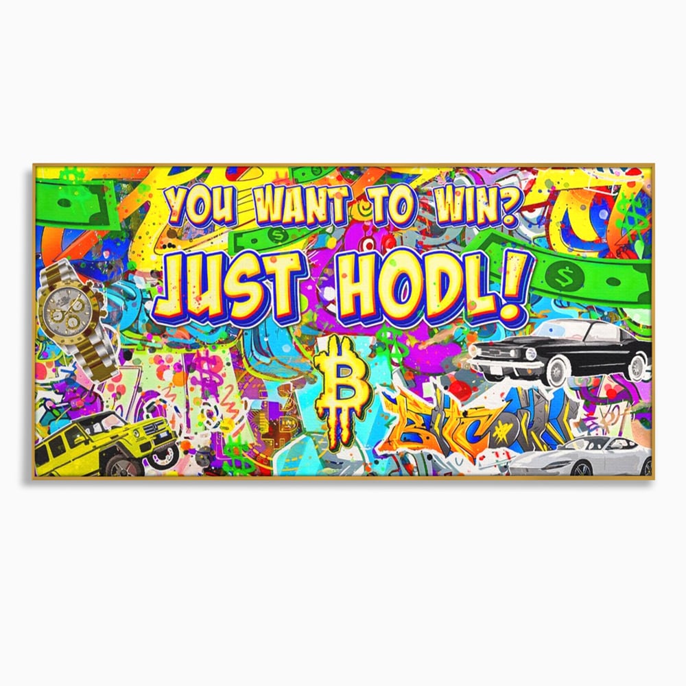 Tablou canvas cu tablou canvas cu graffiti si bitcoin, in rama de aluminiu auriu