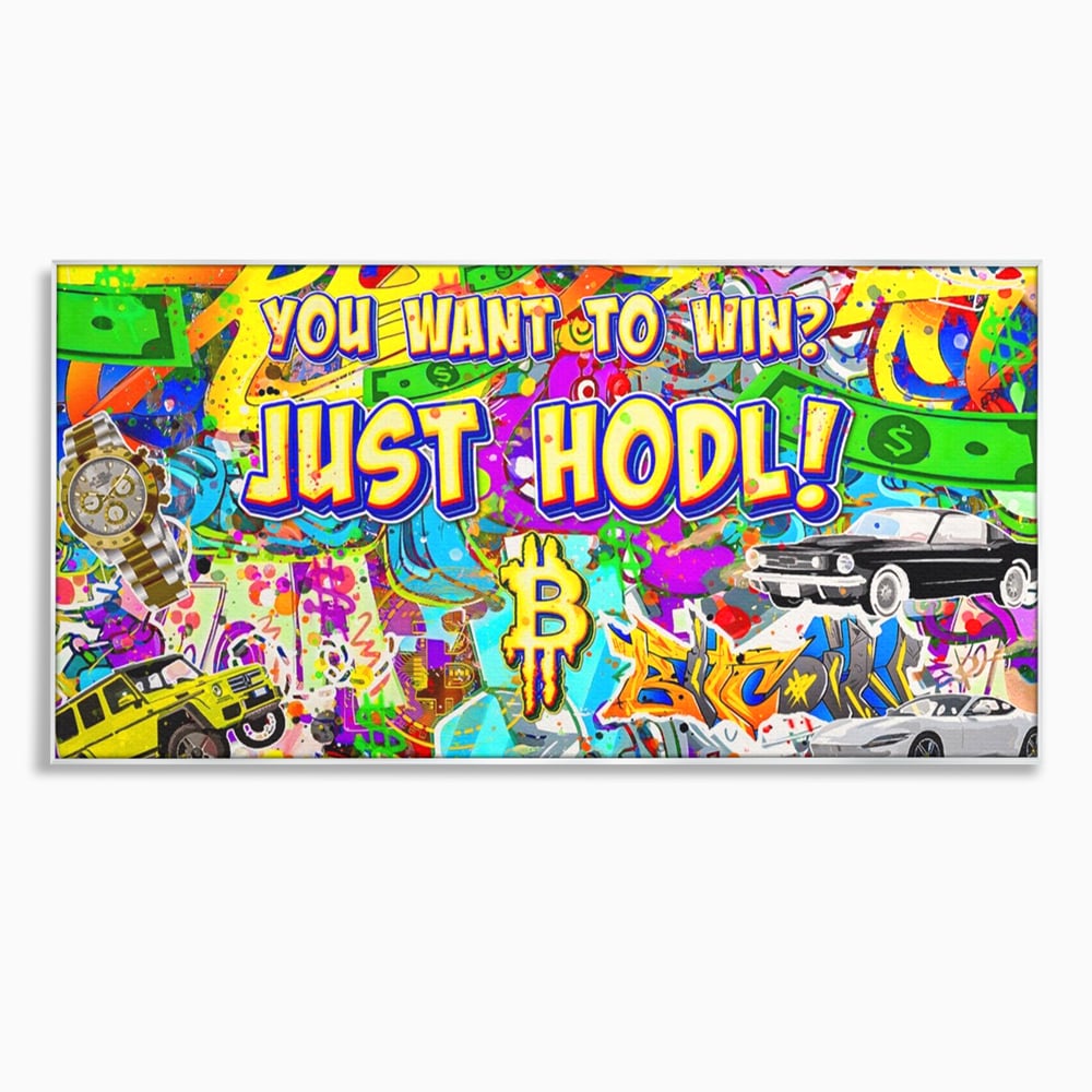Tablou canvas cu tablou canvas cu graffiti si bitcoin, in rama de aluminiu argintiu