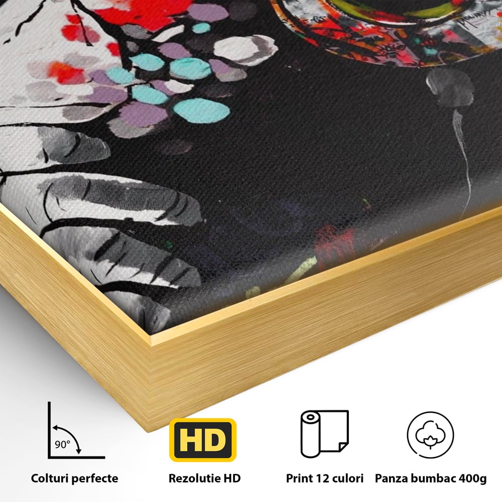 Detaliu al suprafetei: tablou canvas cu maimuta dj, in rama de aluminiu auriu