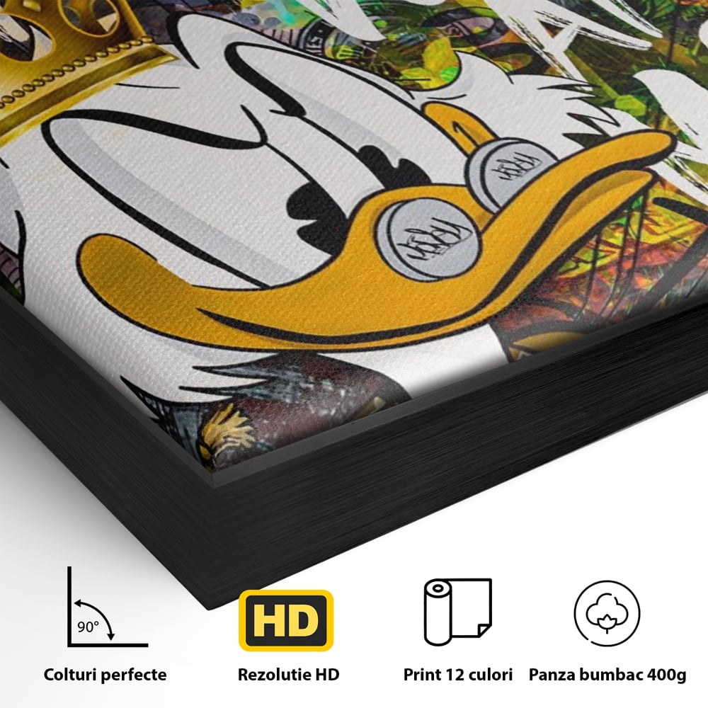 Detaliu al suprafetei: tablou canvas cu scrooge mcduck si bani, in rama de aluminiu negru