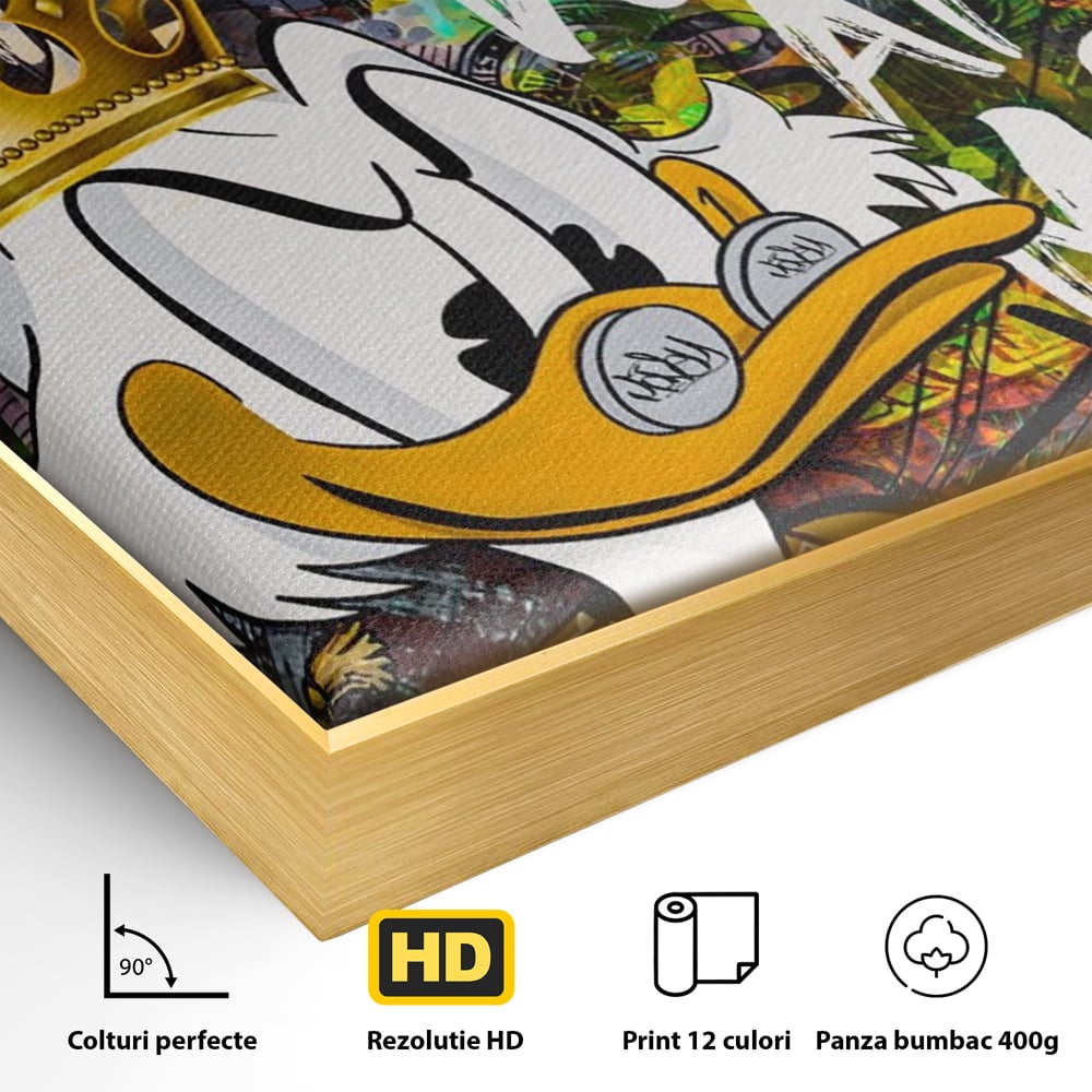 Detaliu al suprafetei: tablou canvas cu scrooge mcduck si bani, in rama de aluminiu auriu
