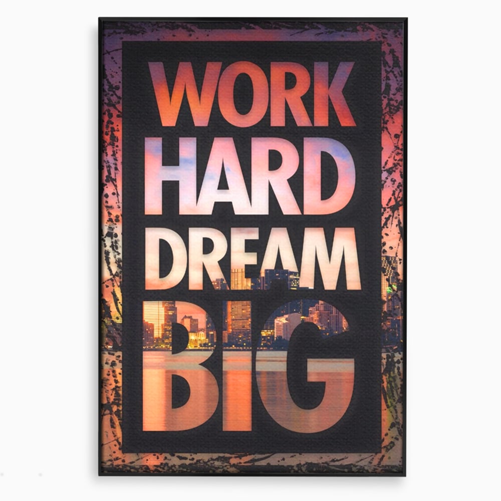 Tablou canvas cu tablou motivational cu peisaj urban nocturn, in rama de aluminiu negru