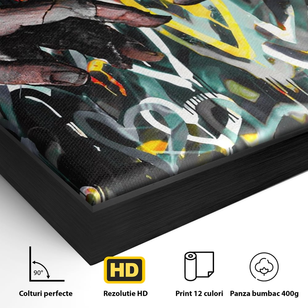 Detaliu al suprafetei: tablou canvas cu maini si inimi, in rama de aluminiu negru