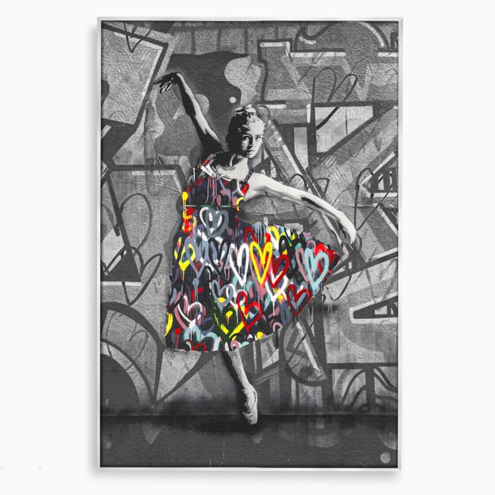 Tablou canvas cu tablou canvas cu balerina stilizata, in rama de aluminiu argintiu