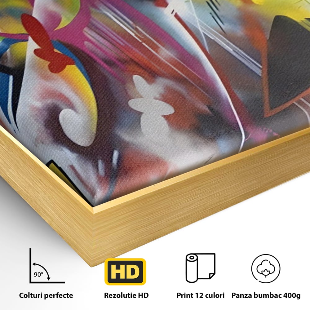 Detaliu al suprafetei: tablou canvas cu arta graffiti colorata, in rama de aluminiu auriu