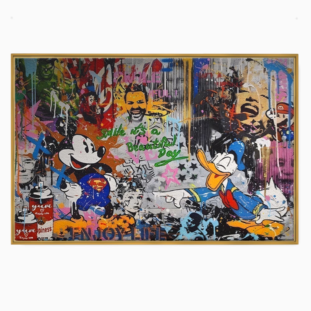 Tablou canvas cu tablou canvas cu graffiti si desene animate, in rama de aluminiu auriu