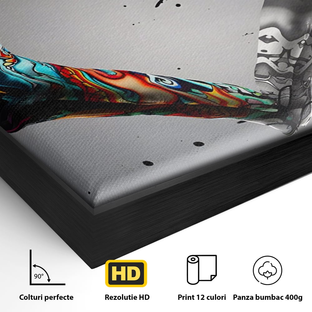 Detaliu al suprafetei: tablou canvas cu maini in forma de inima stil grafitti, in rama de aluminiu negru
