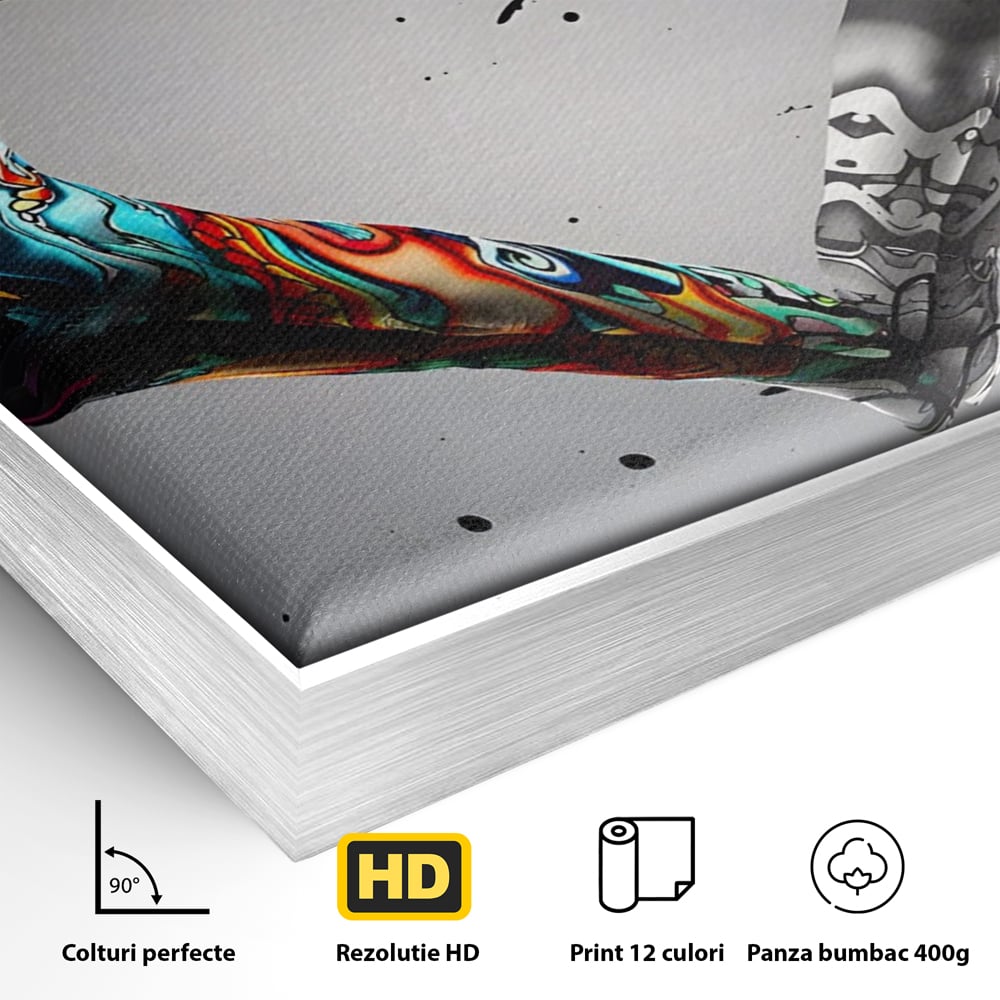 Detaliu al suprafetei: tablou canvas cu maini in forma de inima stil grafitti, in rama de aluminiu argintiu