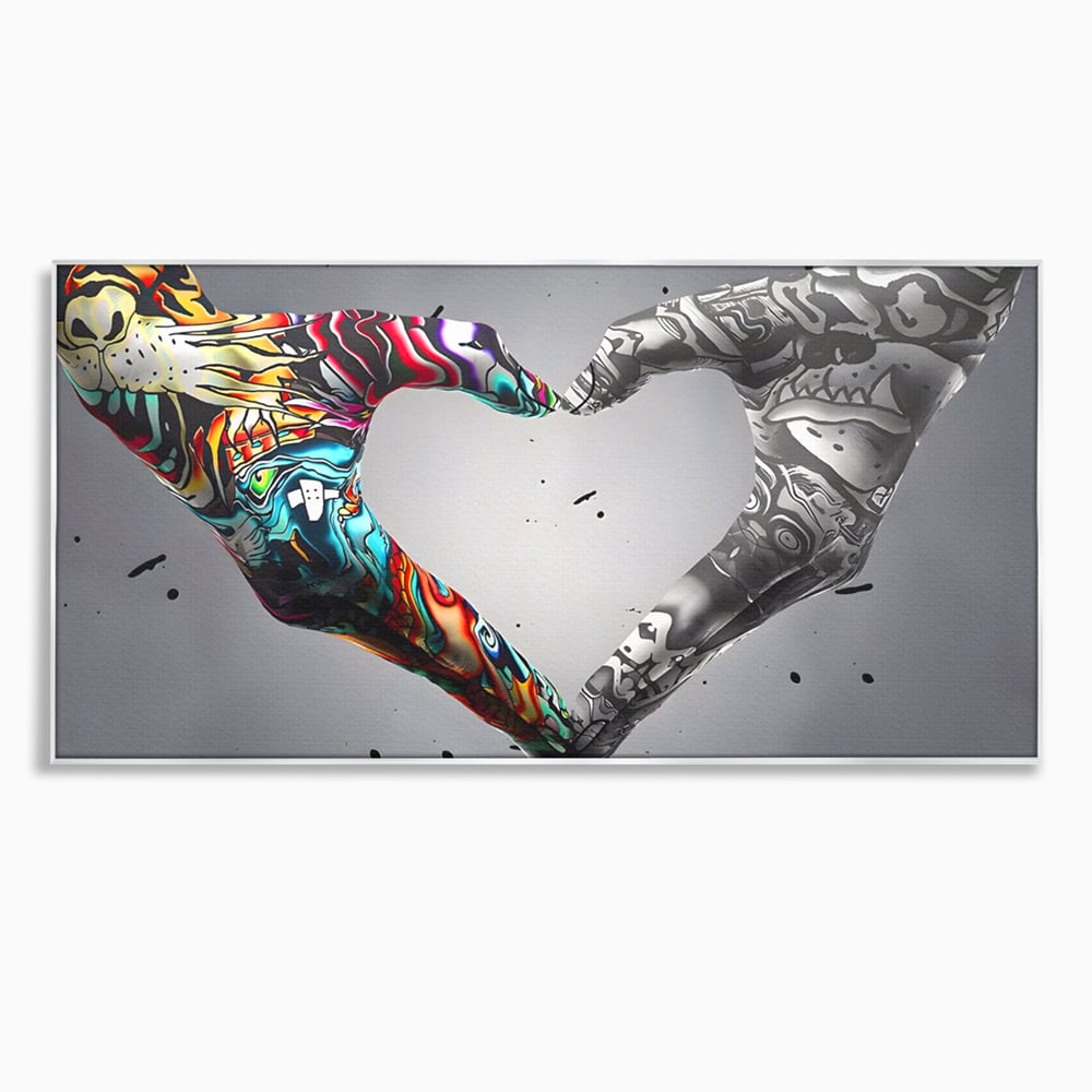 Tablou canvas cu tablou canvas cu maini in forma de inima stil grafitti, in rama de aluminiu argintiu