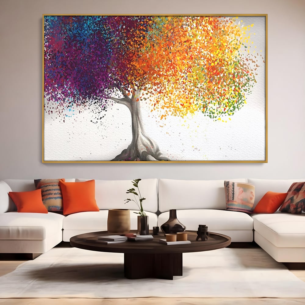 Tablou canvas cu tablou canvas cu un copac colorat, in rama de aluminiu auriu, pe perete intr-un living