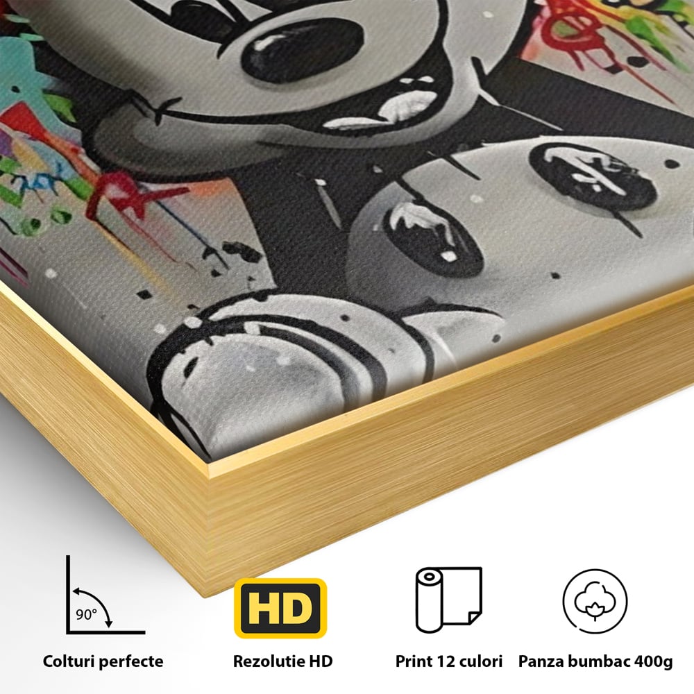 Detaliu al suprafetei: tablou canvas cu mickey mouse colorat, in rama de aluminiu auriu