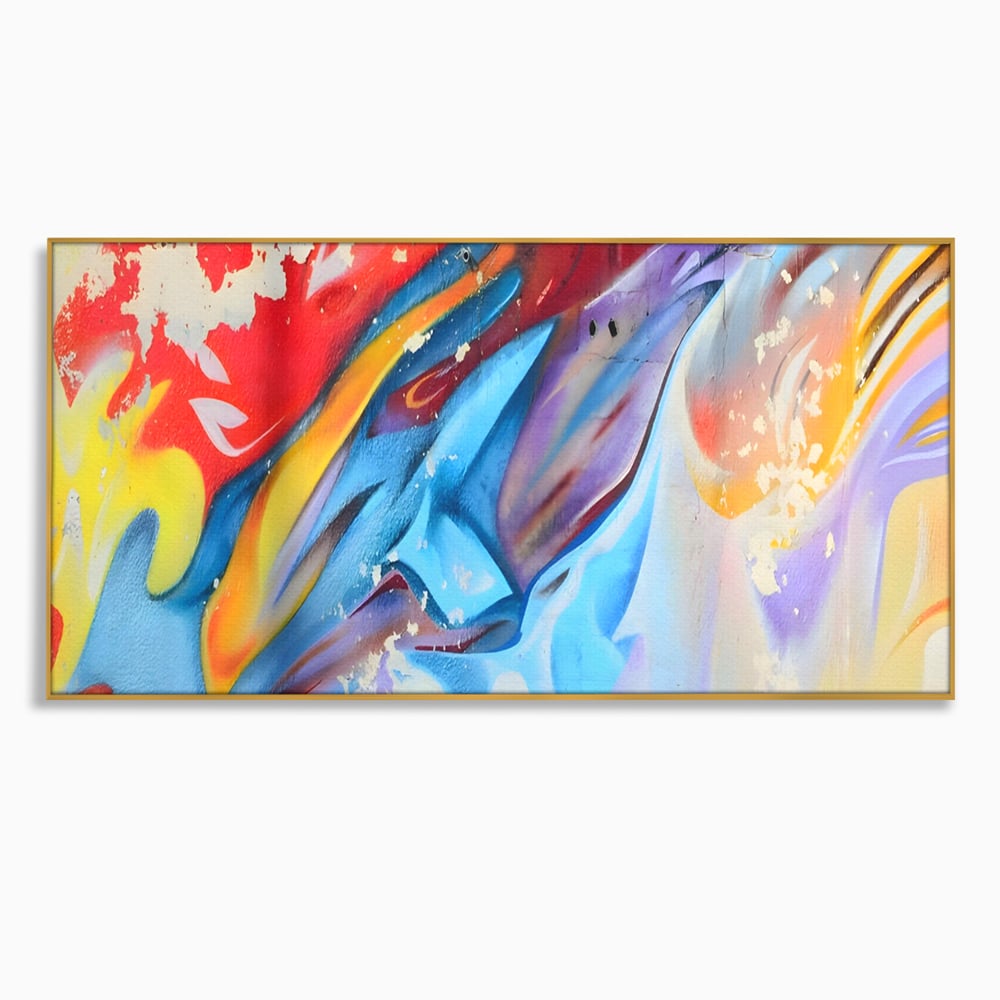 Tablou canvas cu pictura abstracta cu forme dinamice, in rama de aluminiu auriu