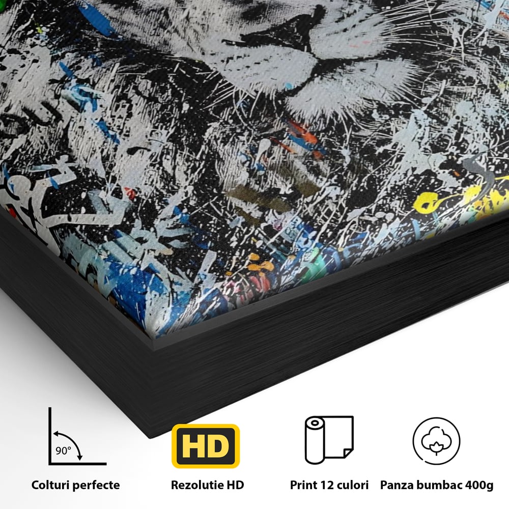 Detaliu al suprafetei: tablou canvas cu leu stil graffiti, in rama de aluminiu negru