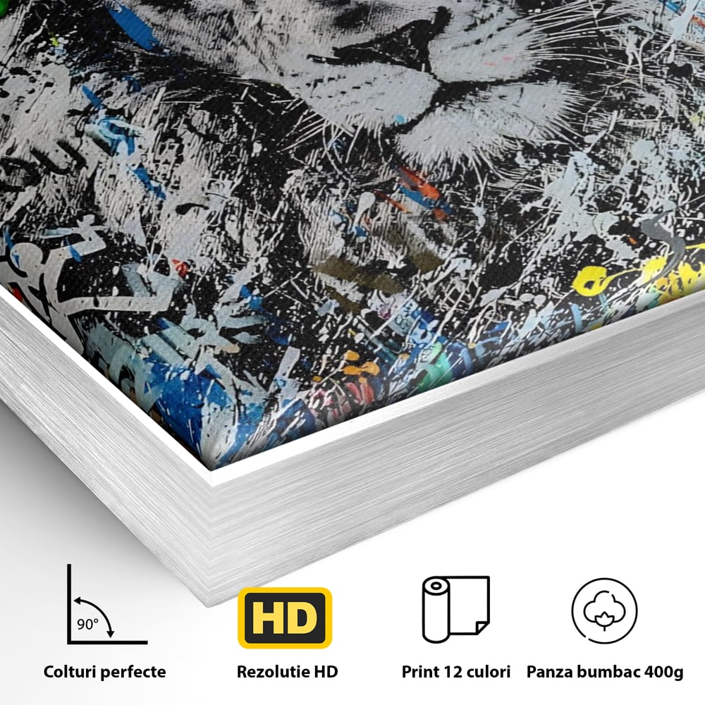 Detaliu al suprafetei: tablou canvas cu leu stil graffiti, in rama de aluminiu argintiu