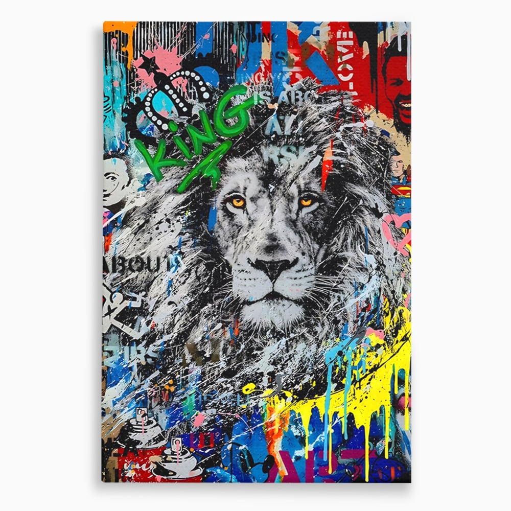 Tablou canvas cu tablou canvas cu leu stil graffiti, fara rama, pe sasiu de lemn