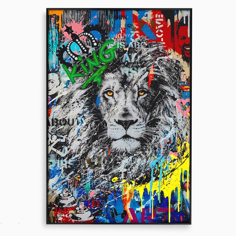 Tablou canvas cu tablou canvas cu leu stil graffiti, in rama de aluminiu negru