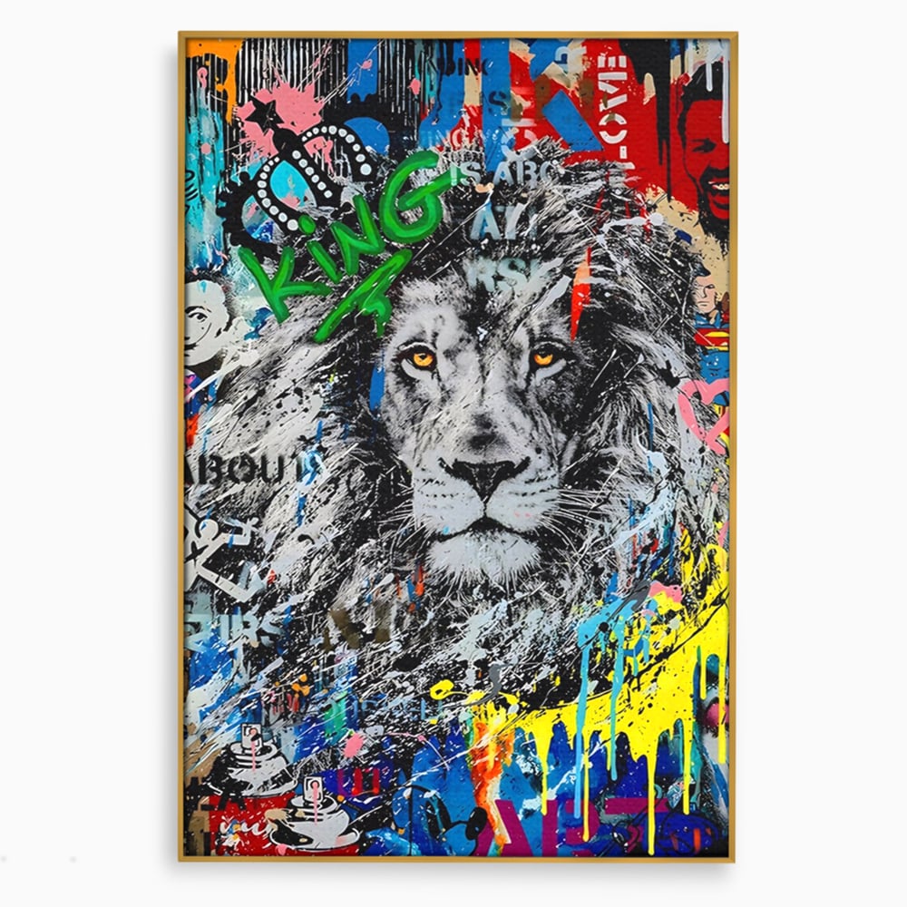 Tablou canvas cu tablou canvas cu leu stil graffiti, in rama de aluminiu auriu