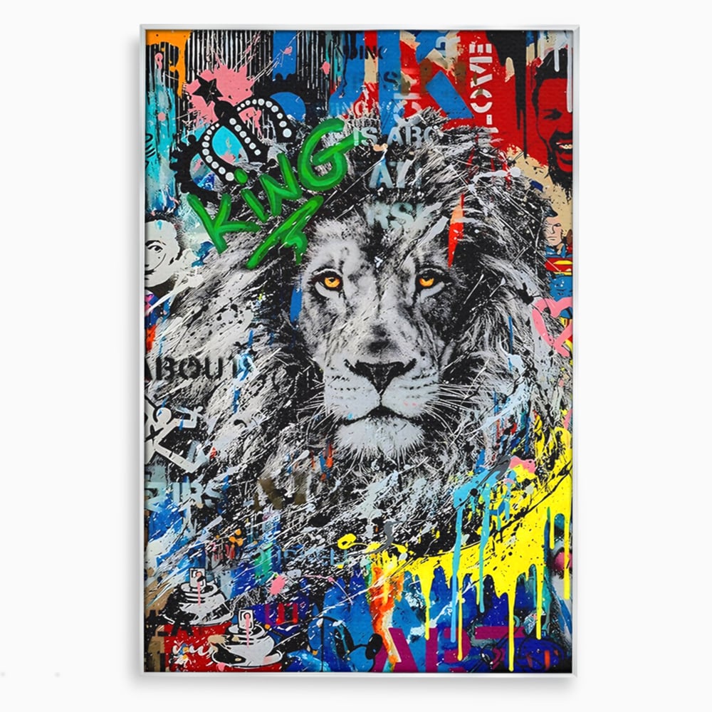 Tablou canvas cu tablou canvas cu leu stil graffiti, in rama de aluminiu argintiu