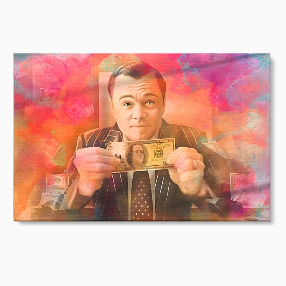 Tablou canvas cu tablou cu actorul leonardo dicaprio tinand bani, fara rama, pe sasiu de lemn