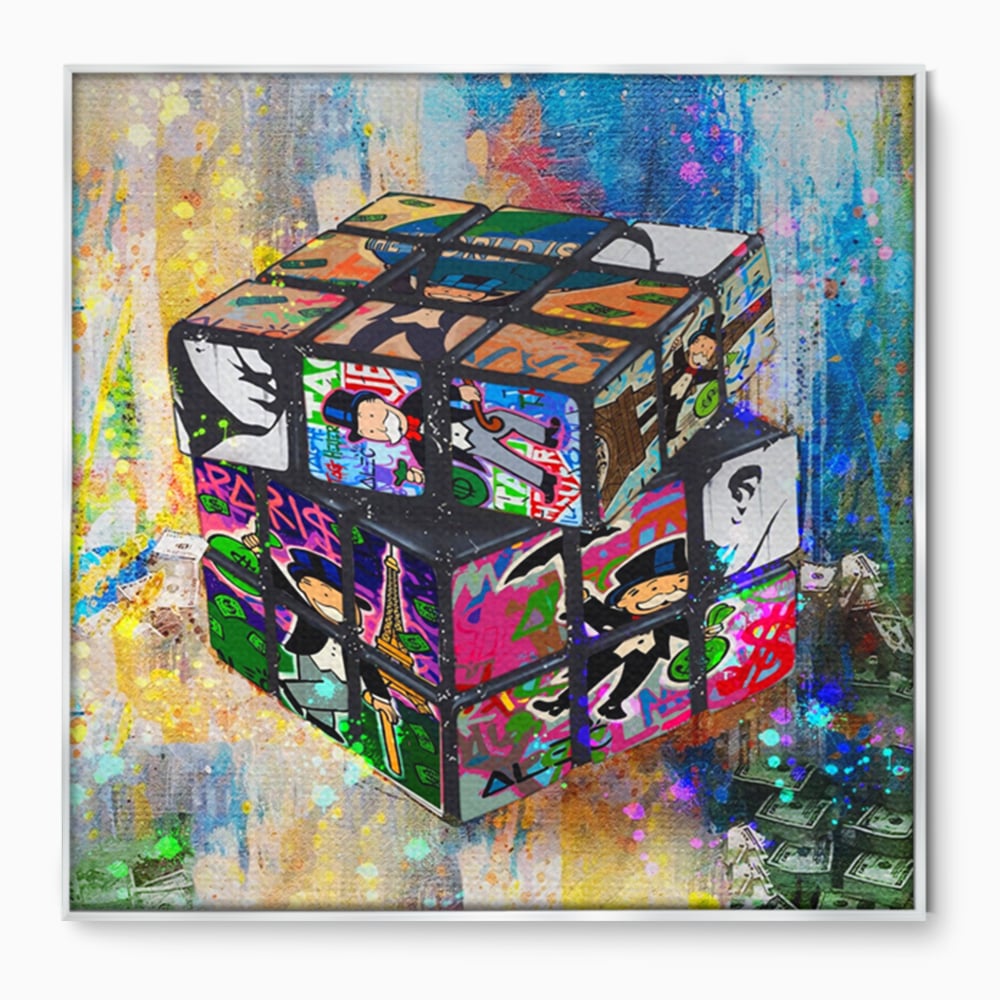 Tablou canvas cu pictura cub rubik cu monopol, in rama de aluminiu argintiu