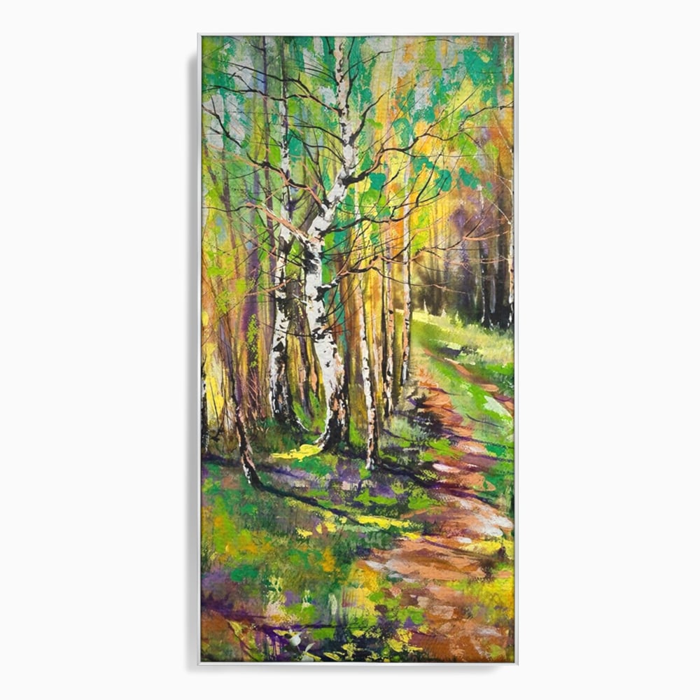 Tablou canvas cu tablou canvas cu padure si mesteacani, in rama de aluminiu argintiu