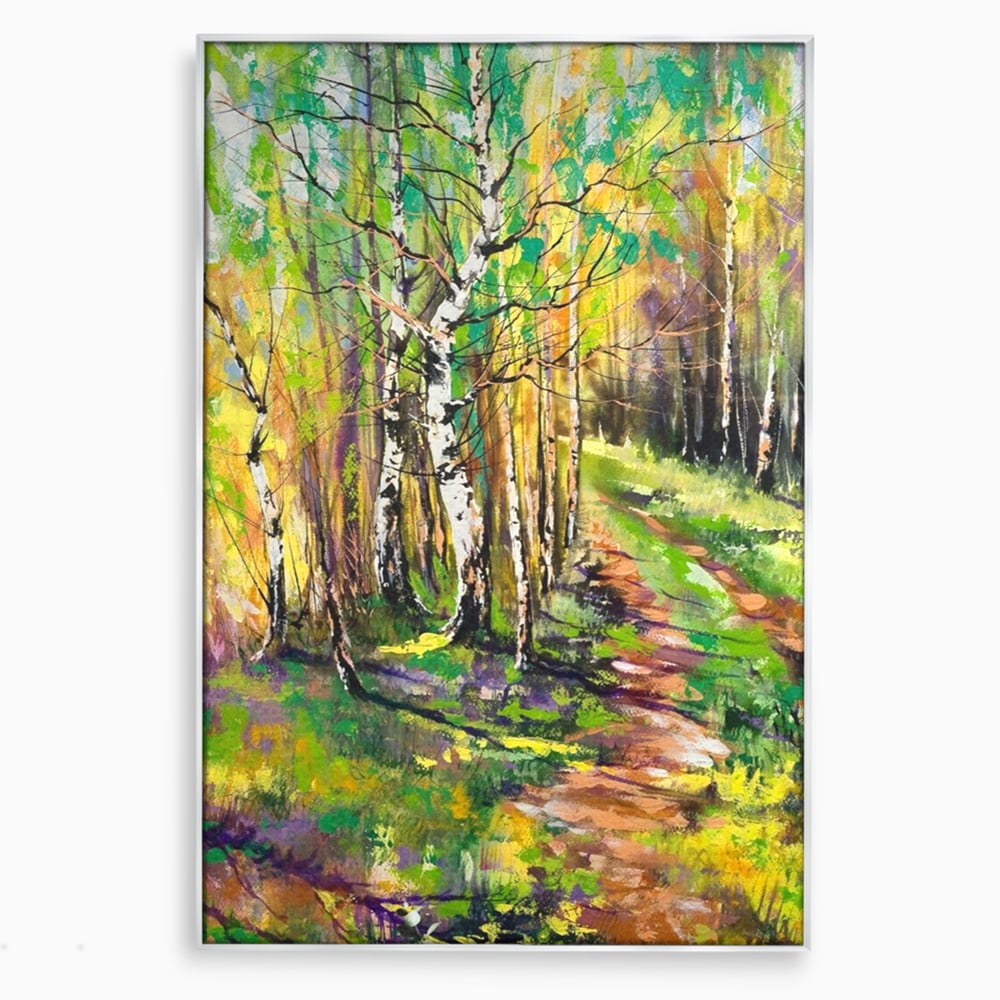 Tablou canvas cu tablou canvas cu padure si mesteacani, in rama de aluminiu argintiu