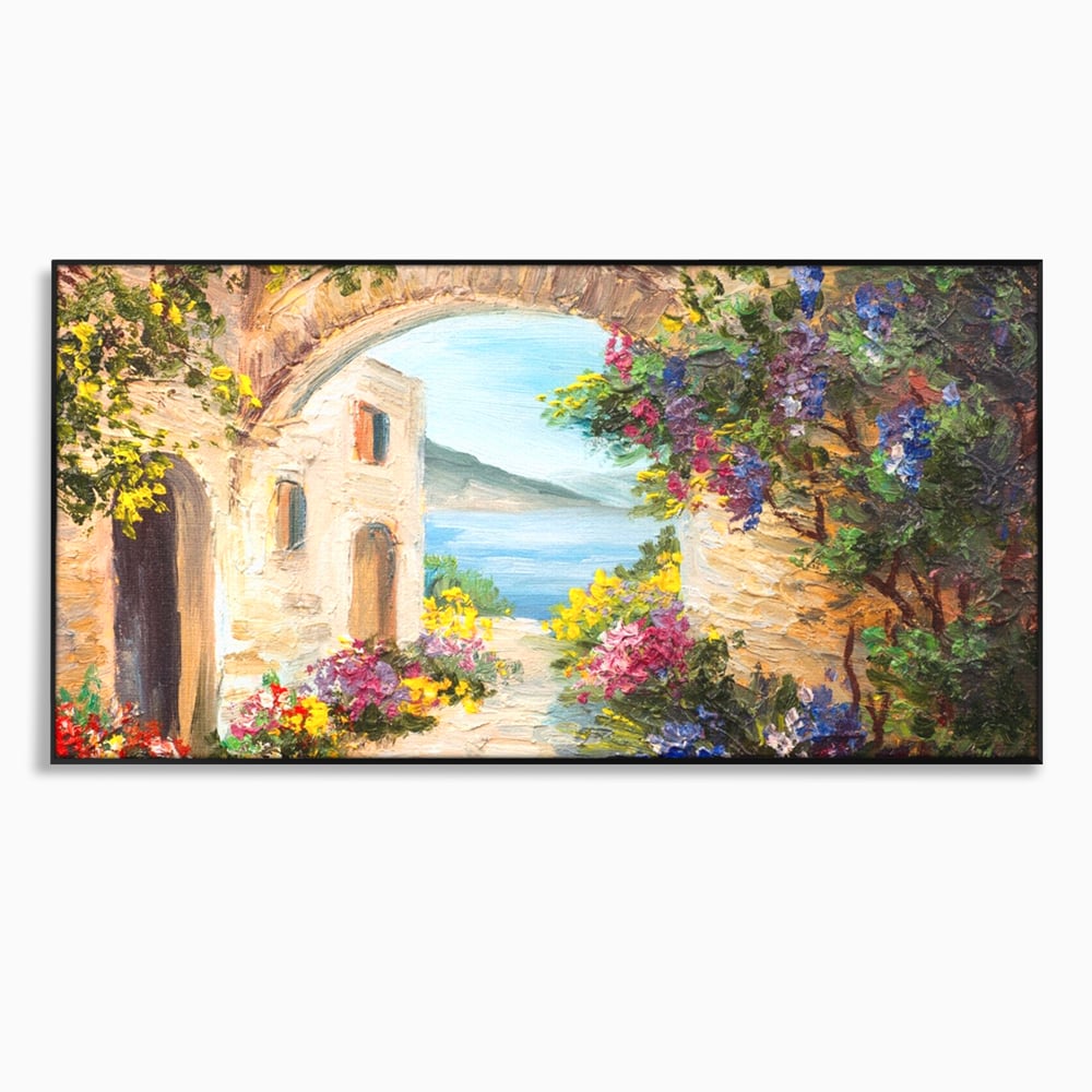 Tablou canvas cu pictura in ulei cu arcada de piatra si mare, in rama de aluminiu negru