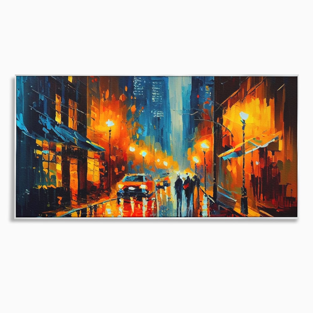 Tablou canvas cu pictura stradala cu oras plouat, in rama de aluminiu argintiu