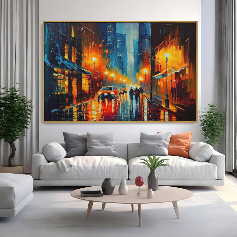 Tablou canvas cu pictura stradala cu oras plouat, in rama de aluminiu auriu, pe perete intr-un living