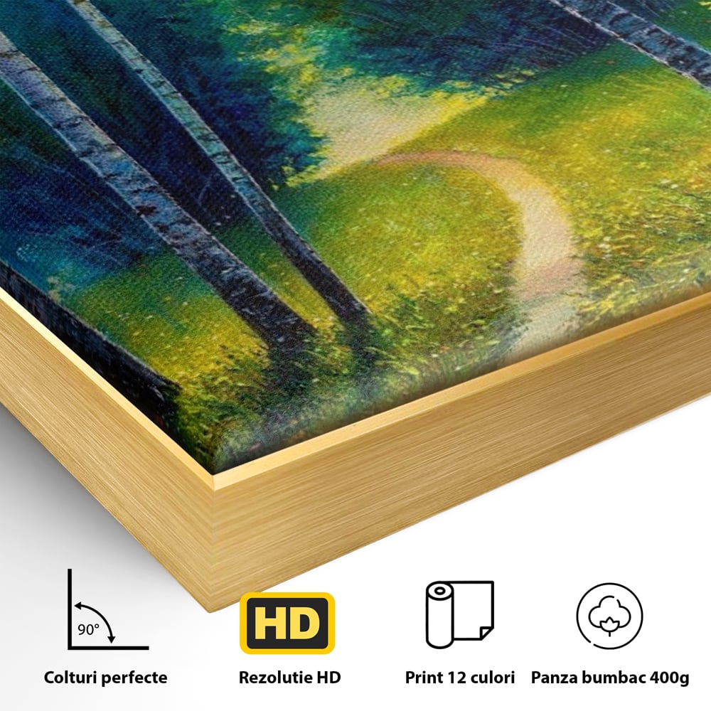 Detaliu al suprafetei: tablou canvas cu alee prin padurea verde, in rama de aluminiu auriu