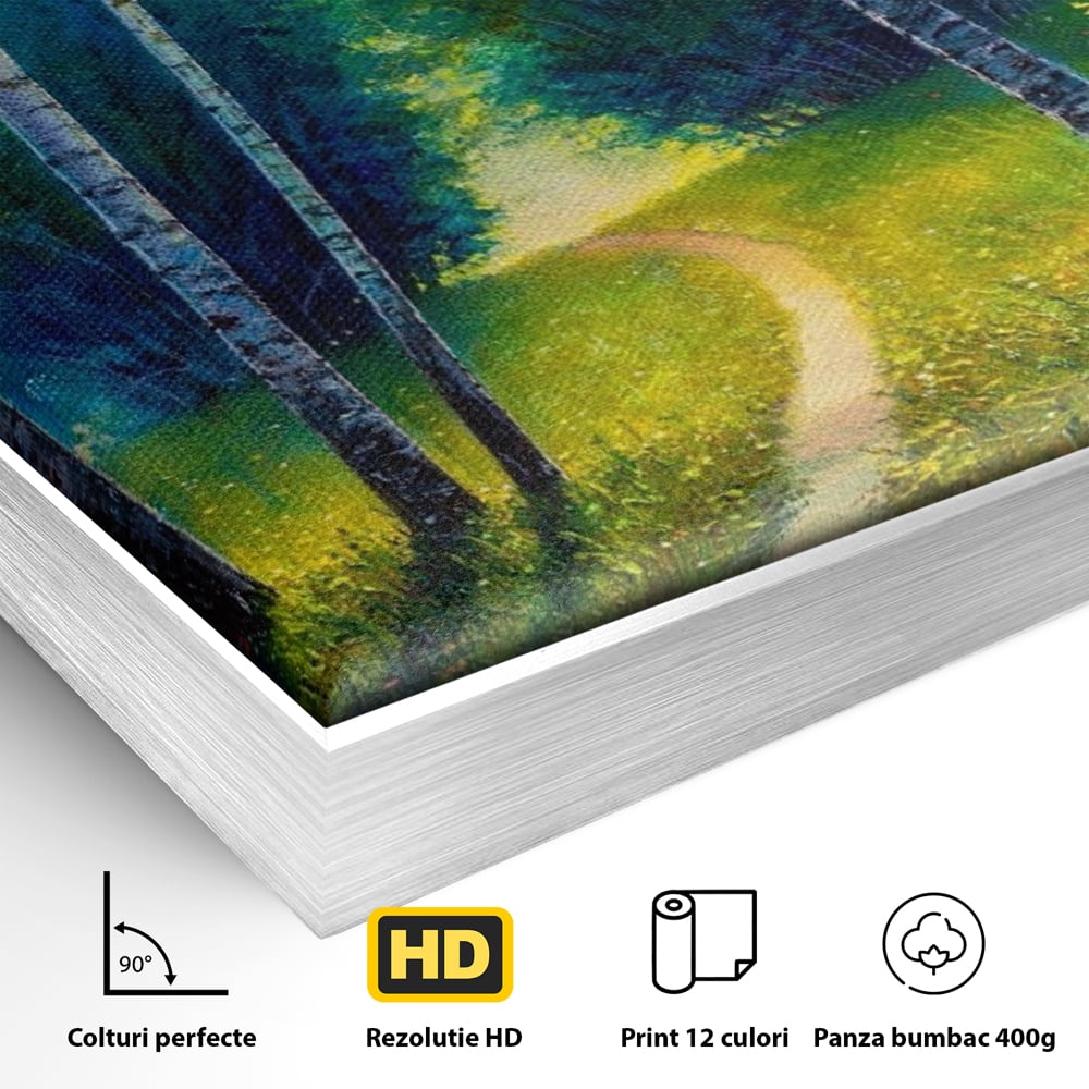 Detaliu al suprafetei: tablou canvas cu alee prin padurea verde, in rama de aluminiu argintiu