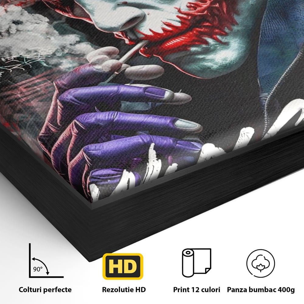 Detaliu al suprafetei: tablou canvas cu jokerul fumand, in rama de aluminiu negru