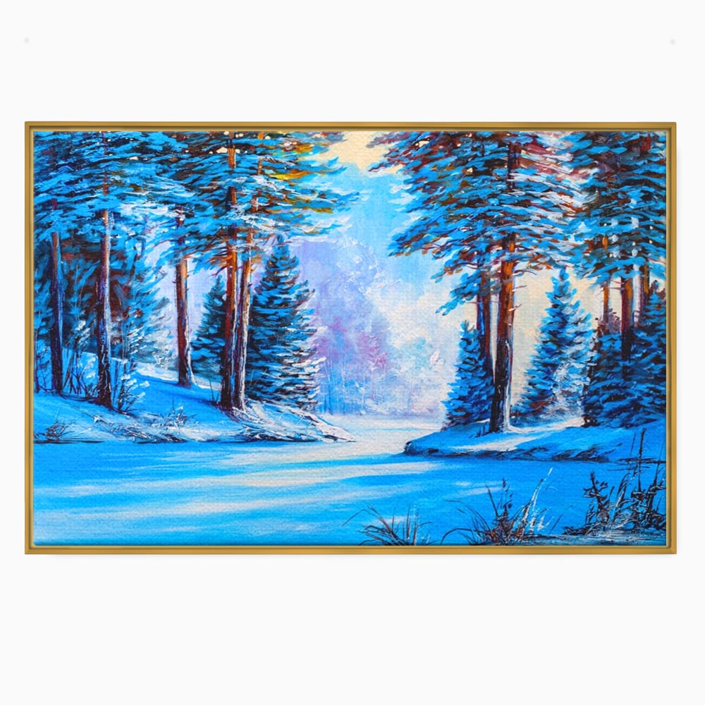 Tablou canvas cu pictura peisaj de iarna cu padure si zapada, in rama de aluminiu auriu