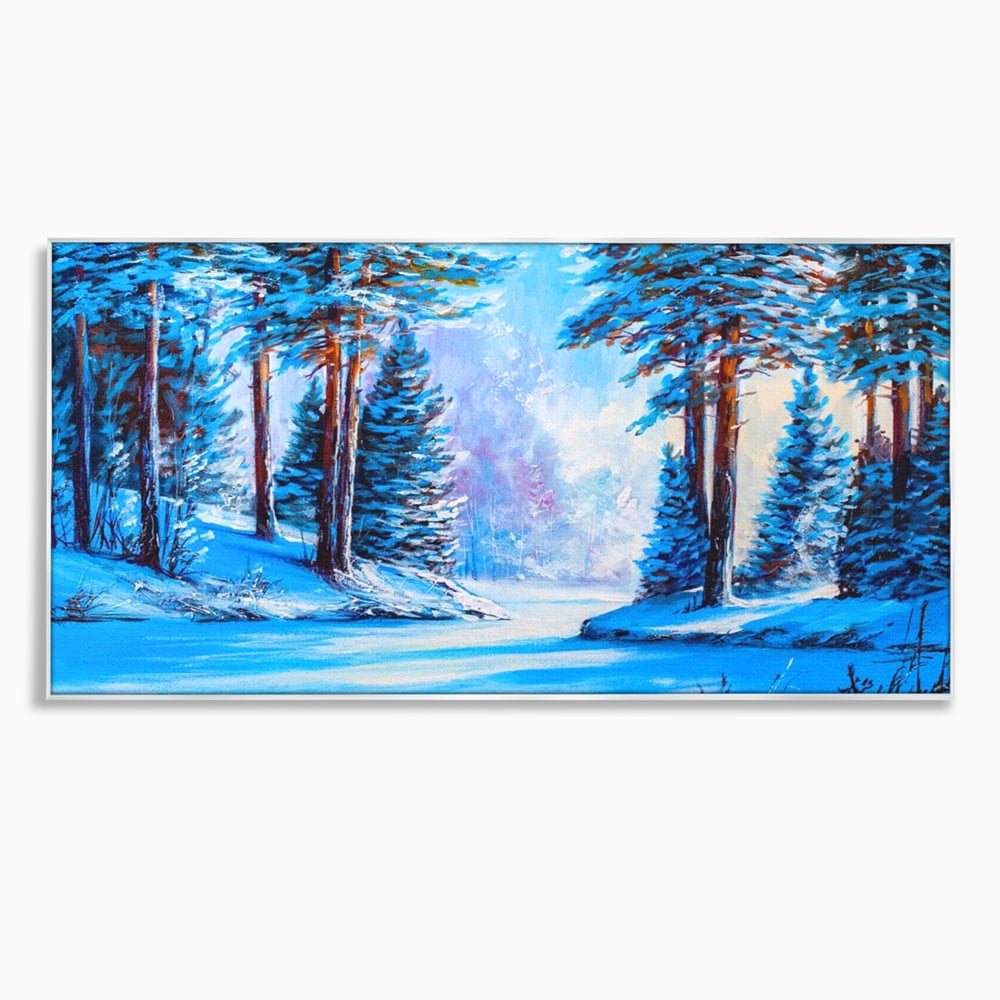 Tablou canvas cu pictura peisaj de iarna cu padure si zapada, in rama de aluminiu argintiu